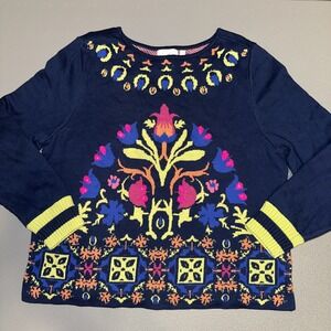 Anthropologie HWR Crewneck Cropped Sweater Size M Blue Embroidered Floral